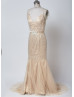 Queen Anne Neckline Champagne Beaded Tulle Floor Length Wedding Dress Luxury Dress